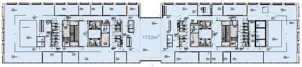Rakennuksen kerrospohjapiirros, jonka kokonaispinta-ala on 1722 m².