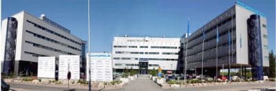 Näkymä Technopolis-yrityspuiston moderneista toimistorakennuksista.